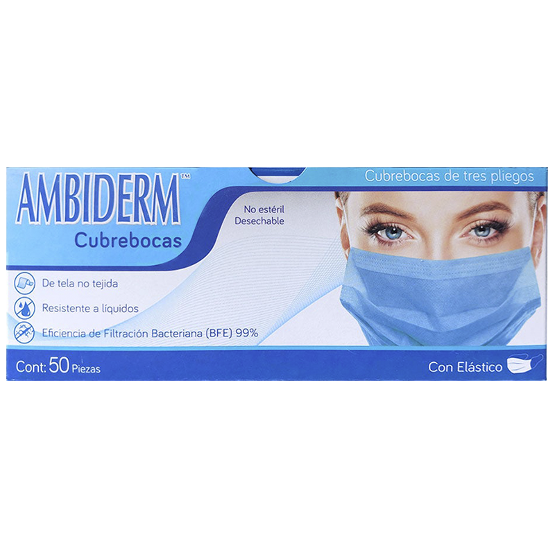 Cubrebocas de 3 pliegues Ambiderm caja con 50 piezas